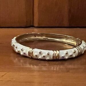White and gold hinged enamel bangle bracelet